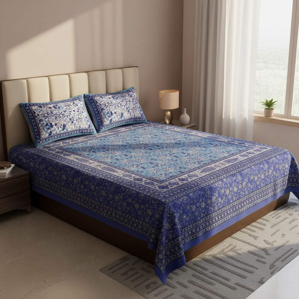Indigo Blue Classic Royal Buti Pure Cotton King Size Bedsheet