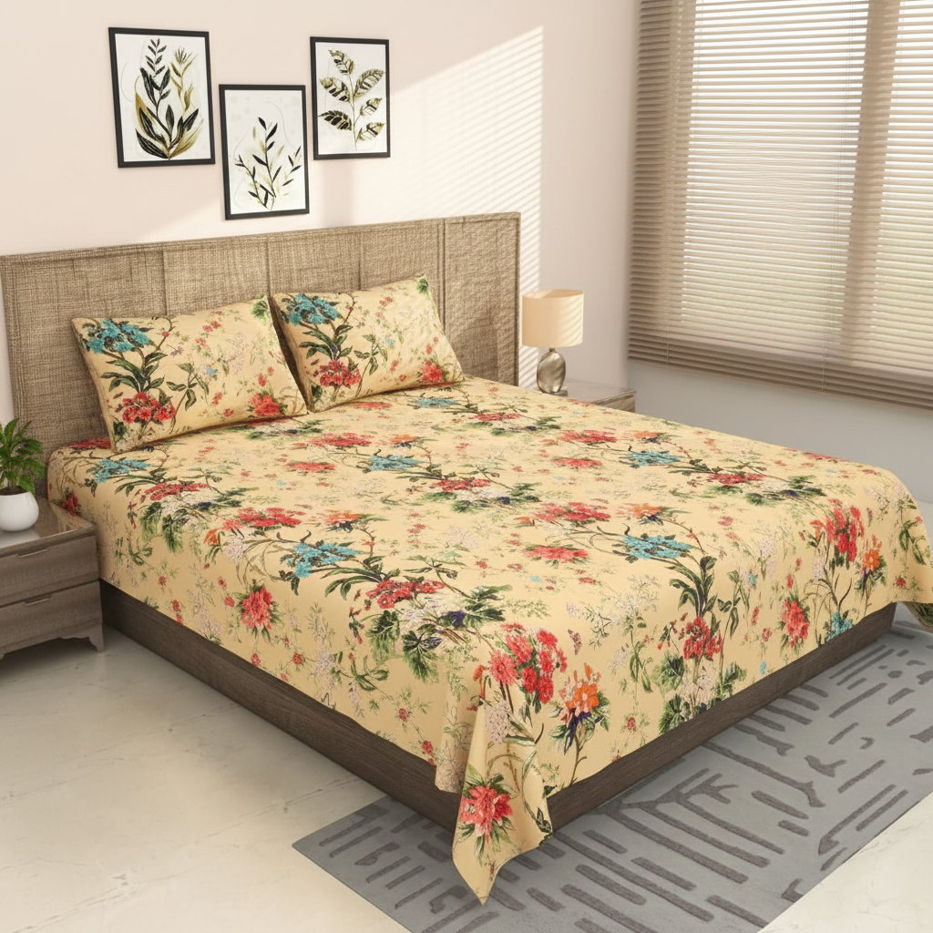 Golden Beige Tropical Floral Bouquet Pure Cotton King Size Bedsheet