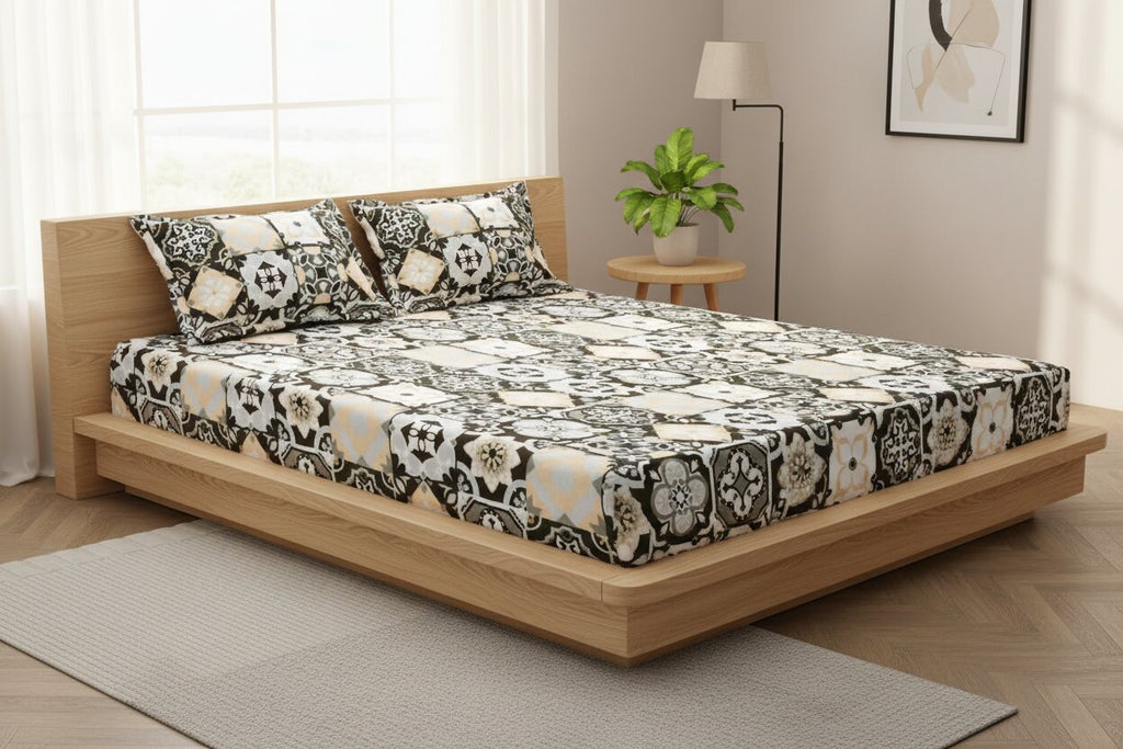 MVB Classic Tile Symphony Super Soft Velvet Double Bedsheet with Matching Pillow Covers