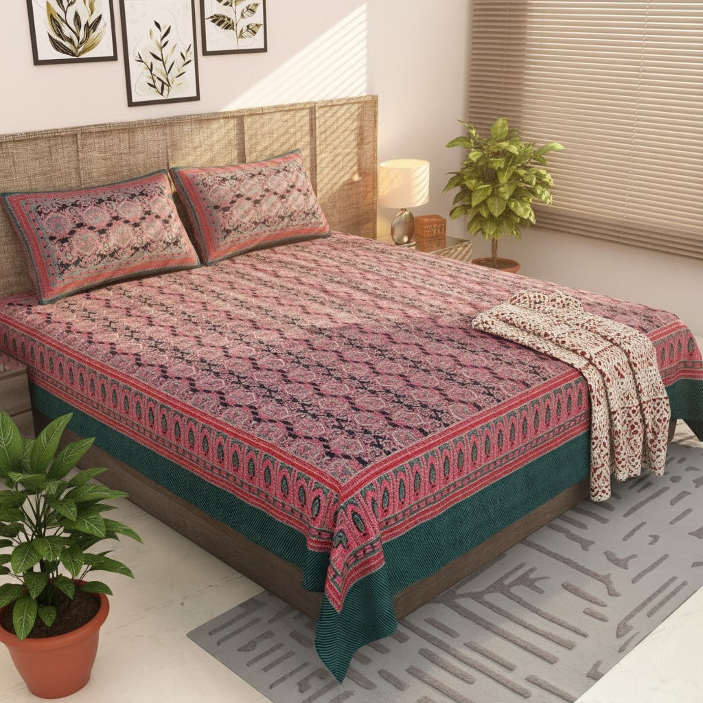 Navy Blue & Wine Traditional Medallion Print Pure Cotton King Size Bedsheet