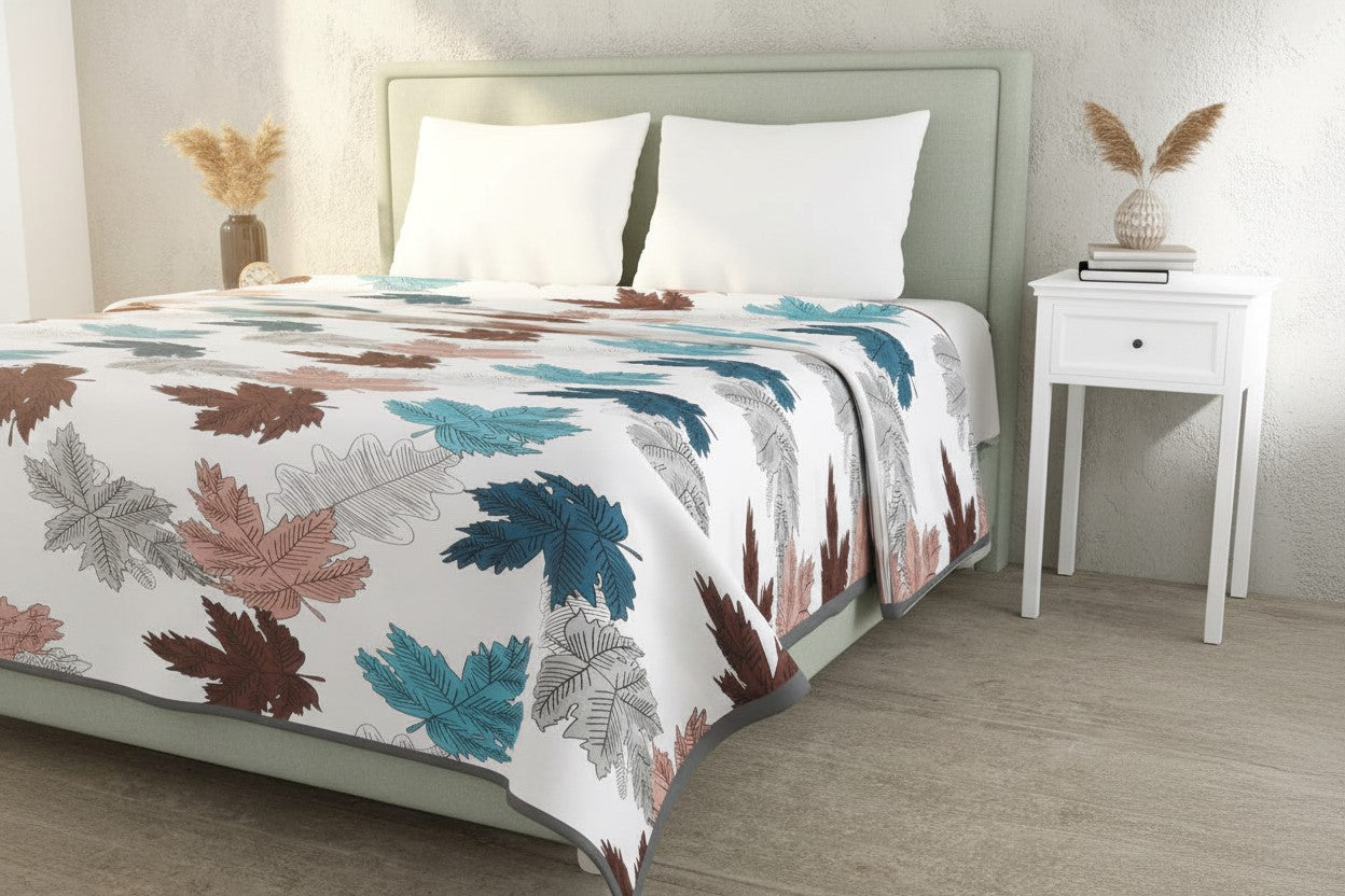 Maple Leaf MultiColor Double Bed Dohar Blanket | 100% MulMul Cotton | Reversible | 240x216 cm