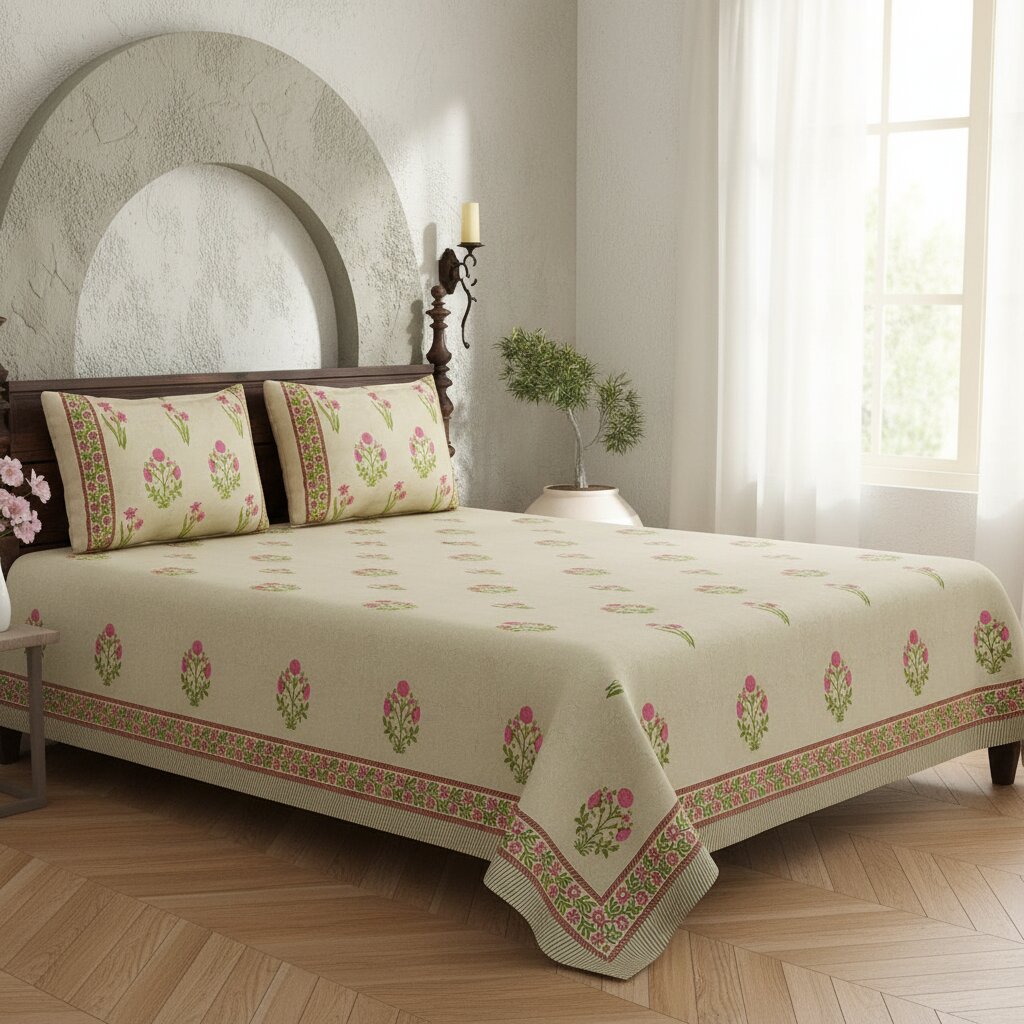 Sand Base Bright Pink Floral Hand Block Print King Size Bedsheet | 400 TC 100% Pure Cotton | Set of 3