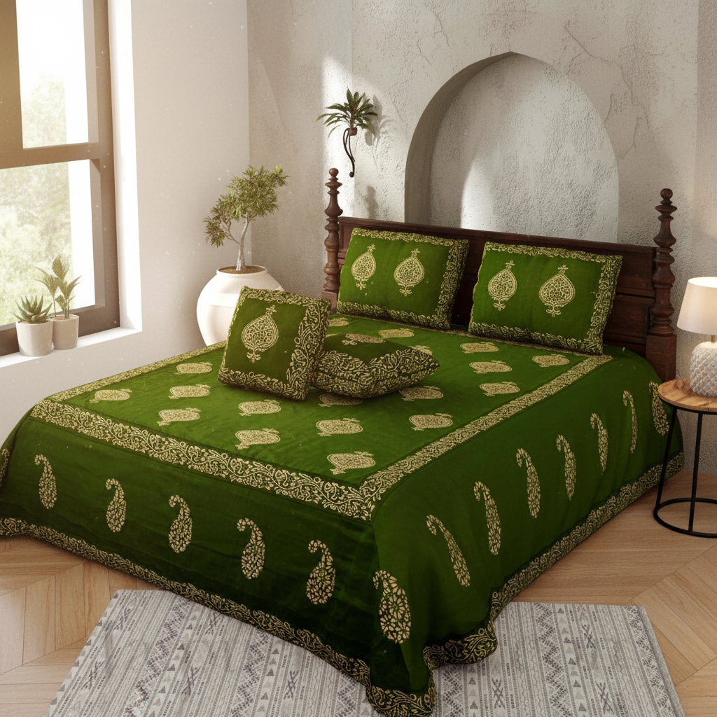 Mahendi Green Khadi Silk Hand Block Print Double Bedsheet | 240 TC | 5 Piece Set