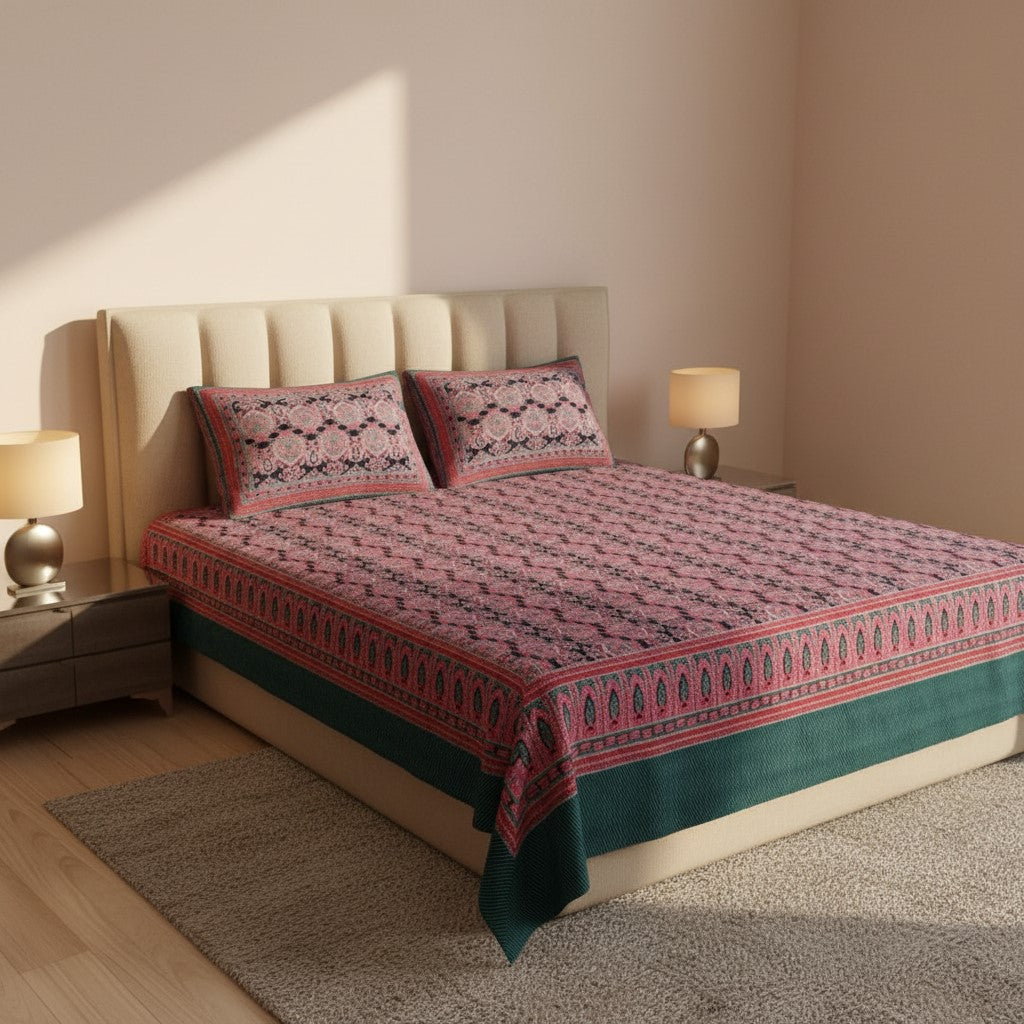 Navy Blue & Wine Traditional Medallion Print Pure Cotton King Size Bedsheet