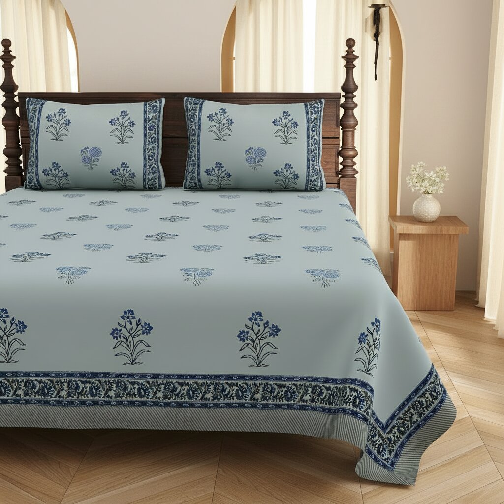 Powder Blue Indigo Floral Hand Block Print King Size Bedsheet | 400 TC 100% Pure Cotton