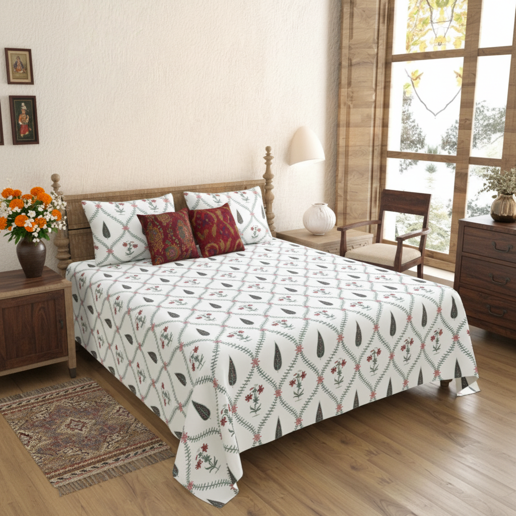 Madhuban Handblock Bedsheet Lifestyle Room Setting – Pink Green Floral Cotton King Bed