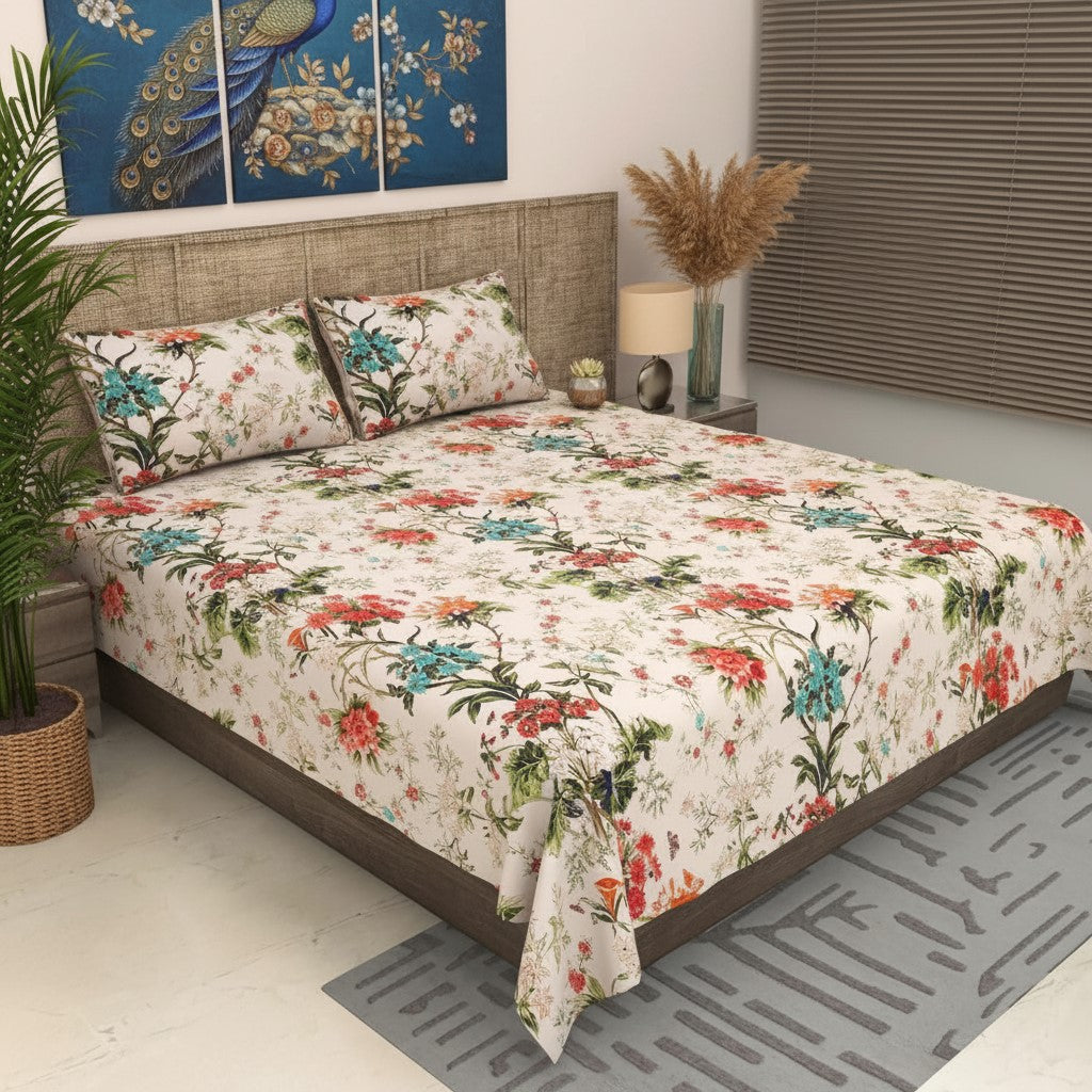 Off-White Tropical Floral Bouquet Pure Cotton King Size Bedsheet