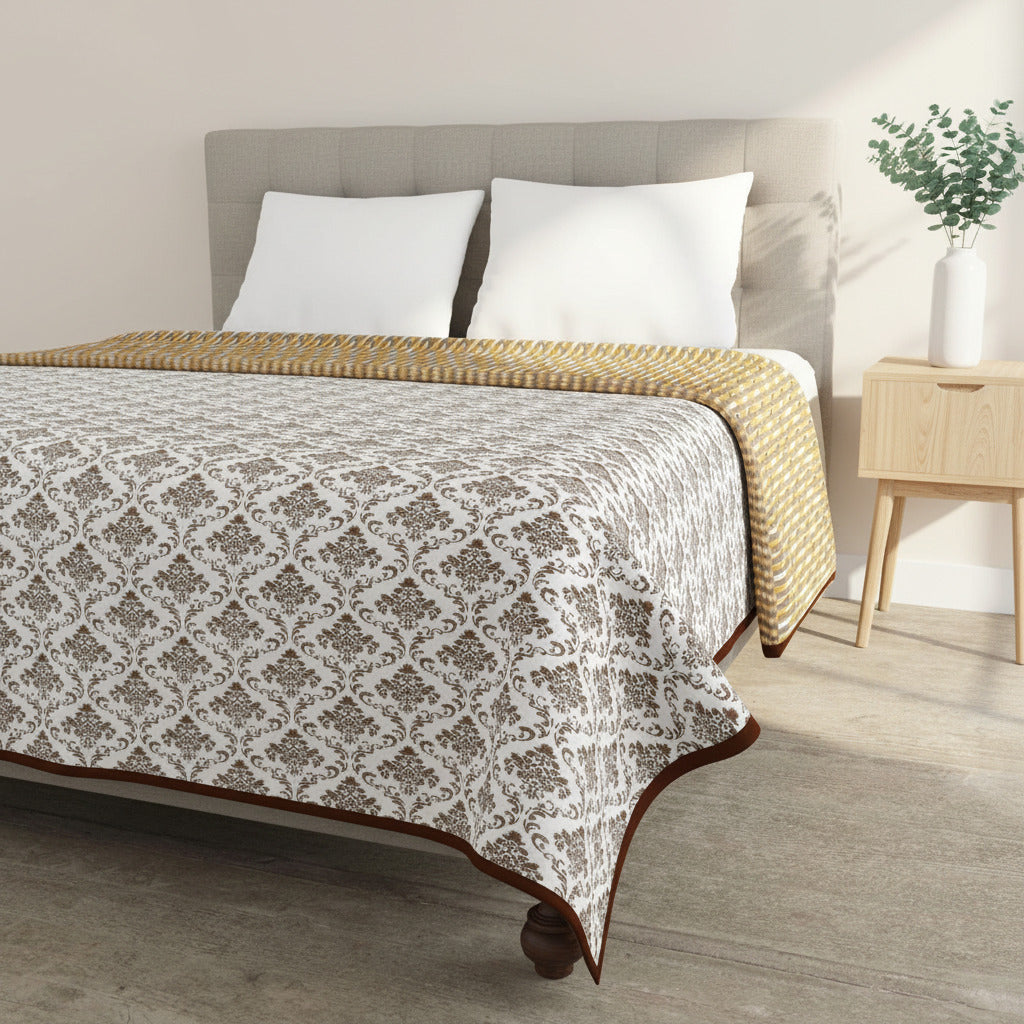 Jaipuri Hand Block Print Floral Damask Cotton Dohar – Brown & Mustard Yellow | Double Bed