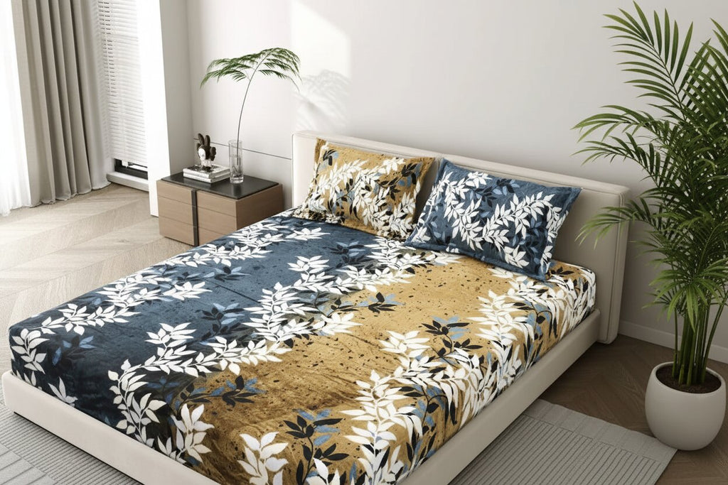 MVB Midnight Gold Vine | Super Soft Velvet Double Bedsheet with 2 Pillow Covers