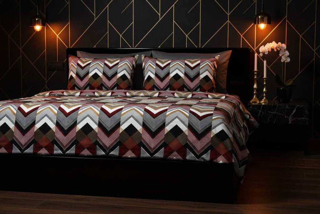 MVB Zigzag Elegance Cozy Super Soft Velvet Double Bedsheet with Matching Pillow Covers
