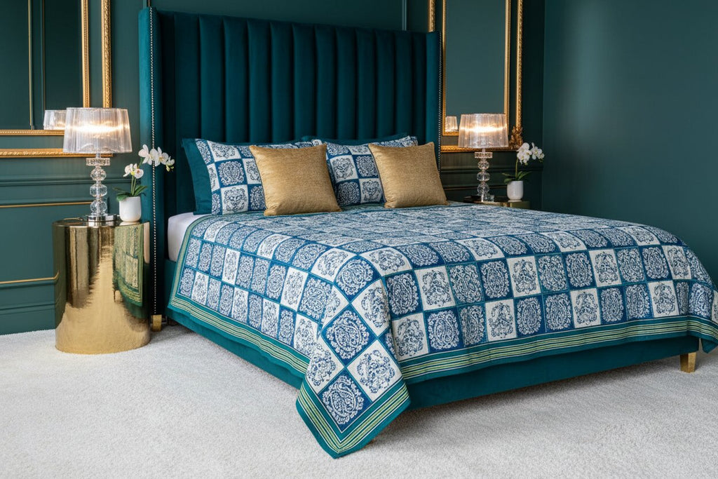 Double Bedsheet Sky Blue Checkered Design | 100% Fine Cotton | 240 TC | Set of 3 | MVB YUGVIGYANA