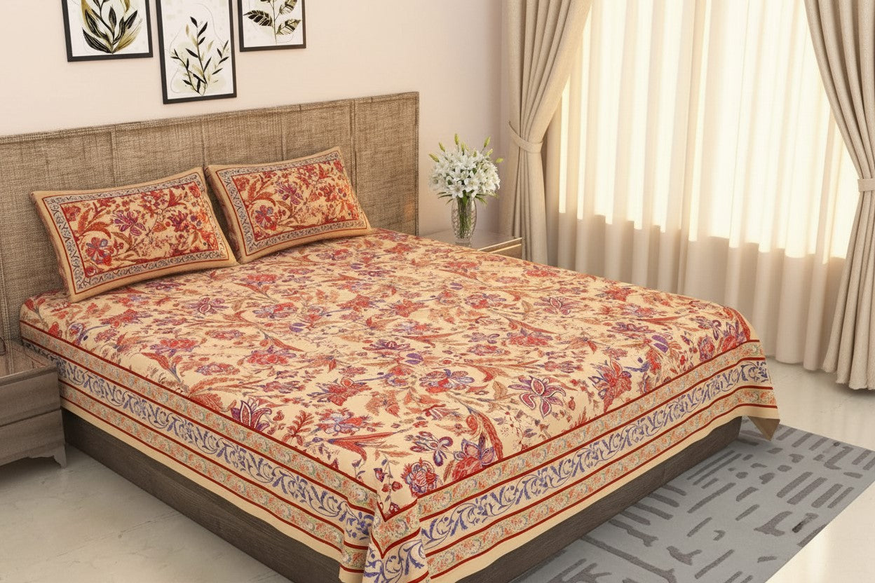 Beige Royal Paisley Vine Pure Cotton King Size Bedsheet | MVB Yugvigyana