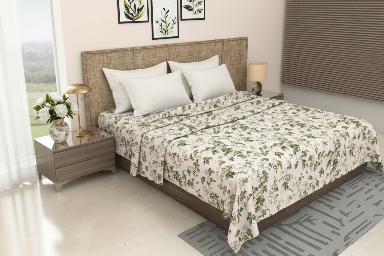 Green Leafy Vine Floral Pure Cotton King Size Bedsheet