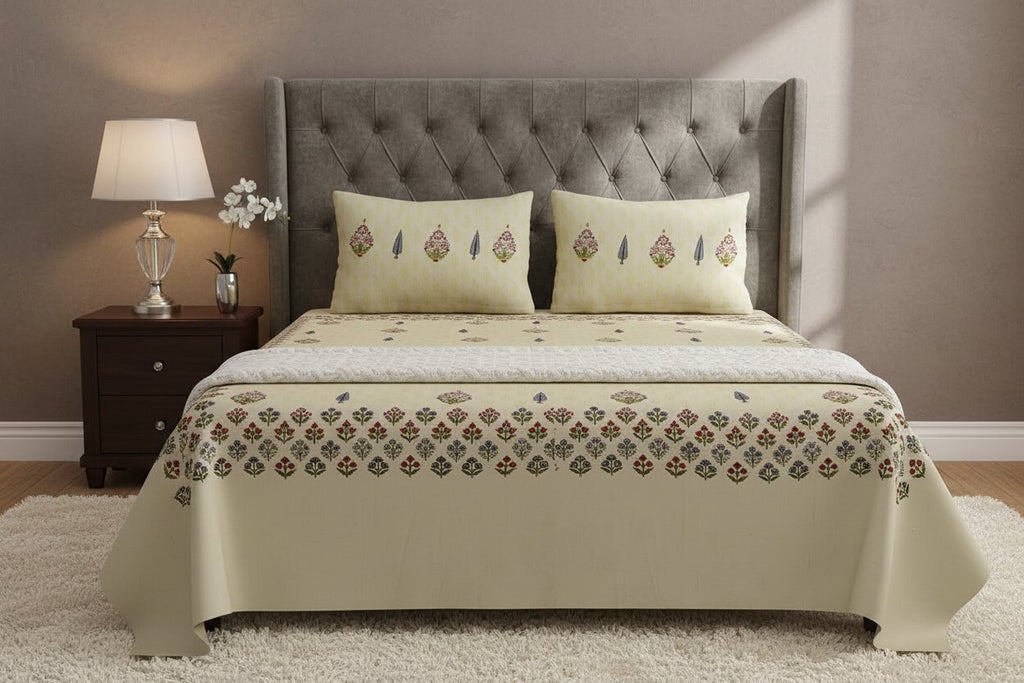 Cream Base Multi-Color Floral Motif Hand Block Print King Size Bedsheet | 100% Pure Cotton