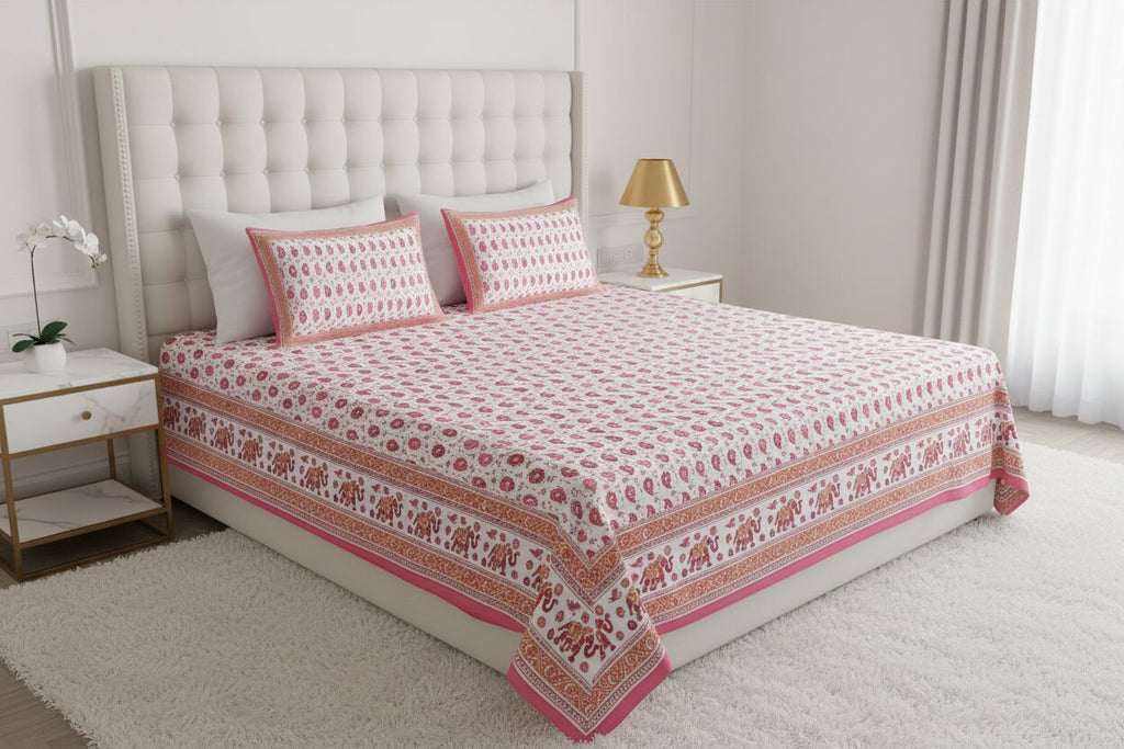 MVB Double Bedsheet – Paisley Watermelon Pink with Gold Print | 100% Pure Cotton