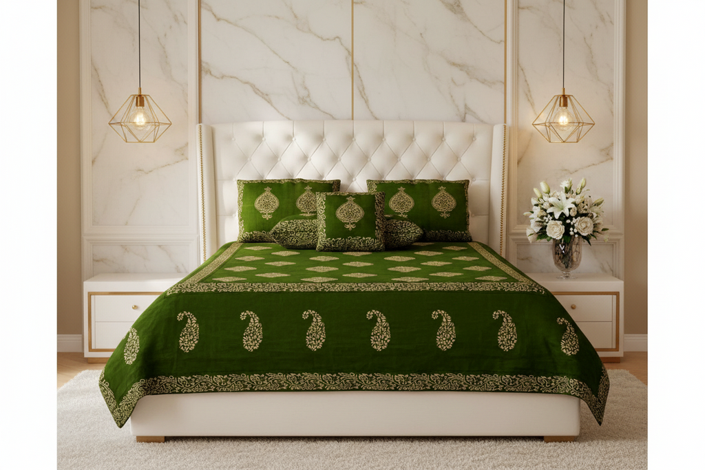 Mahendi Green Khadi Silk Hand Block Print Double Bedsheet | 240 TC | 5 Piece Set