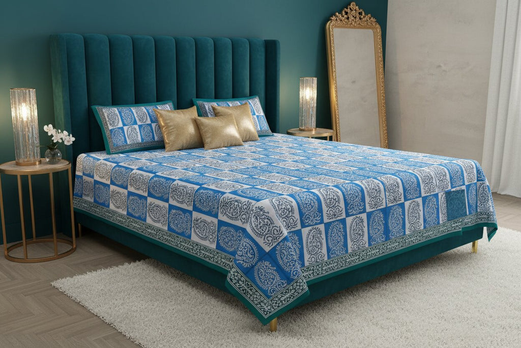 Double Bedsheet Sky Blue Checkered Design | 100% Fine Cotton | 240 TC | Set of 3 | MVB YUGVIGYANA