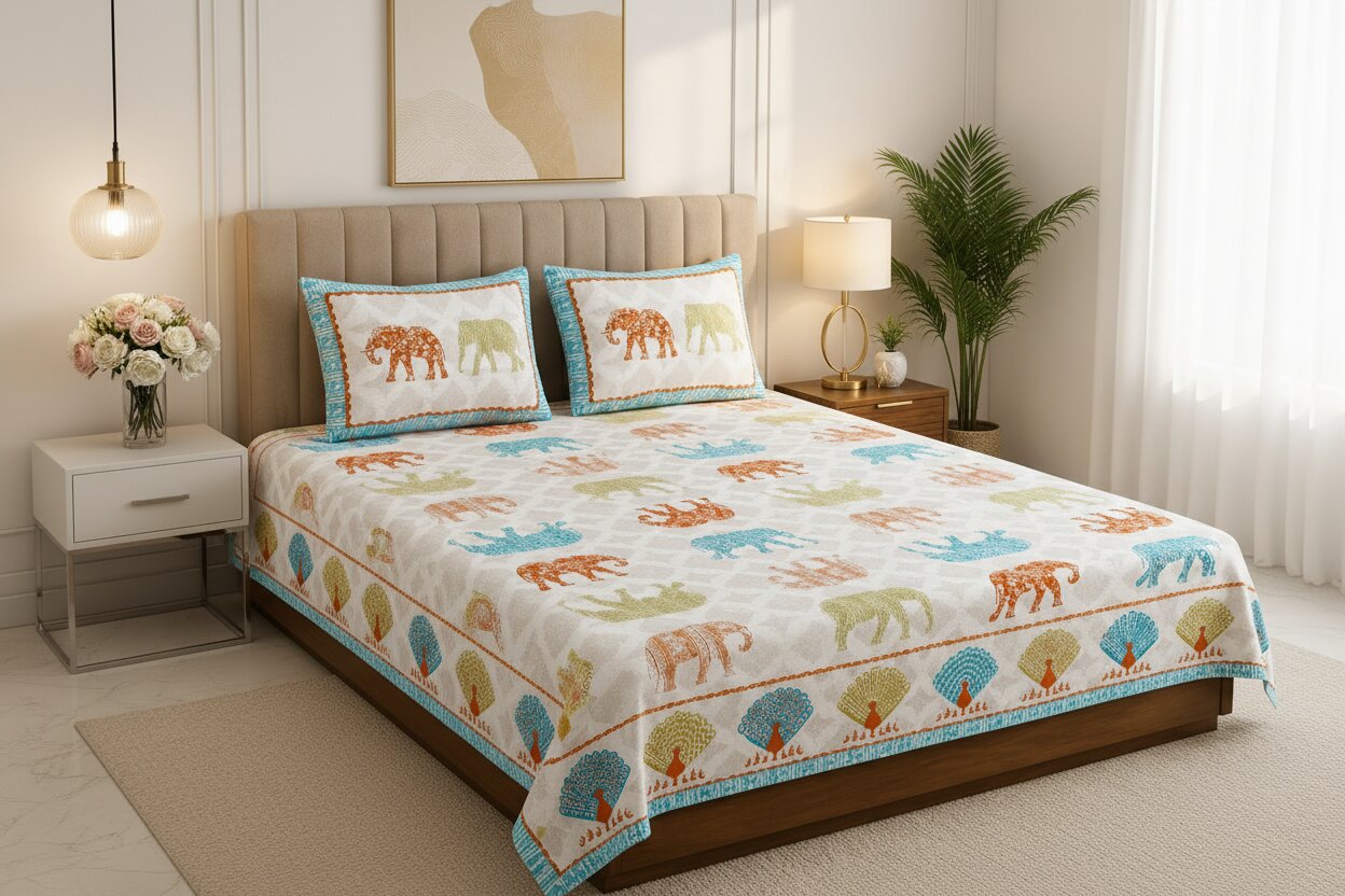 MVB Jungle Safari Blue Double Bed Sheet Set | 100% Pure Cotton | 210 TC | 3 Pcs