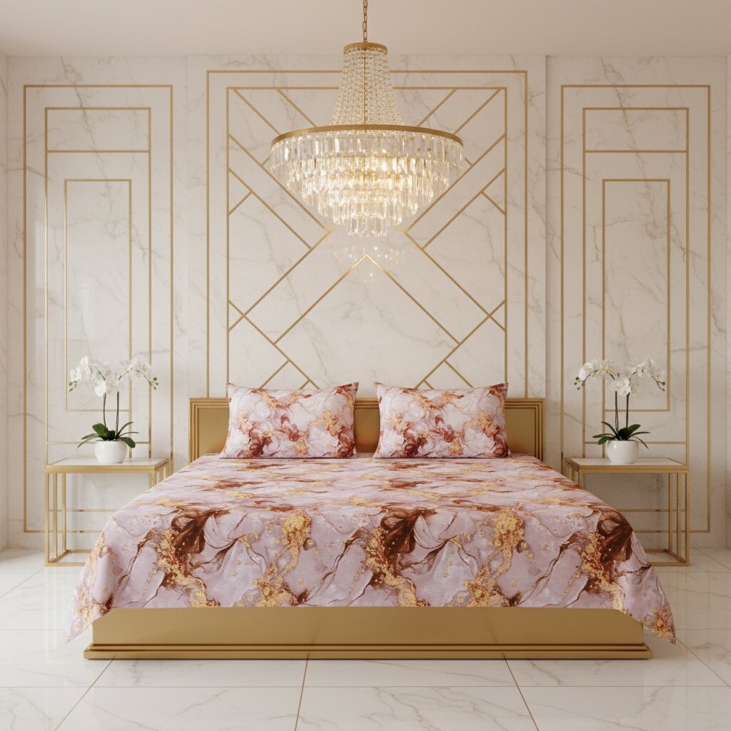 Bronze Metallic Wave Double Bedsheet | 160 TC Poly Cotton | 2 Pillow Covers