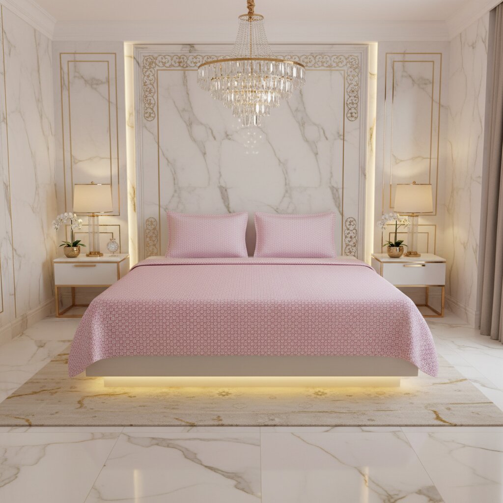 Rose Structured Web Double Bedsheet | Premium Pink Geometric Cotton Bedsheet with 2 Pillow Covers