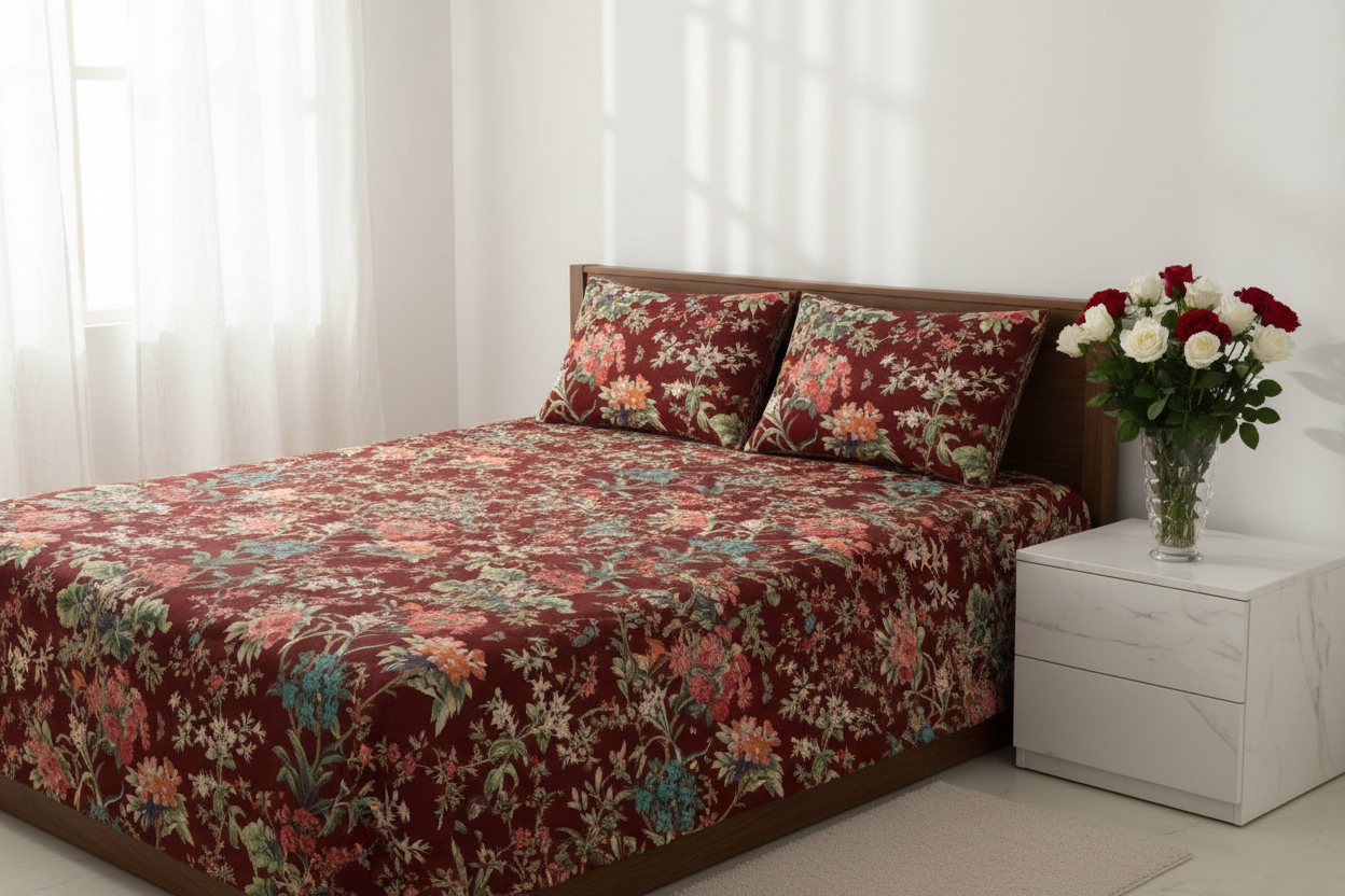 Maroon Floral Bedsheet White Bedroom