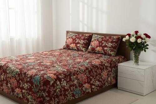Maroon Floral Bedsheet White Bedroom