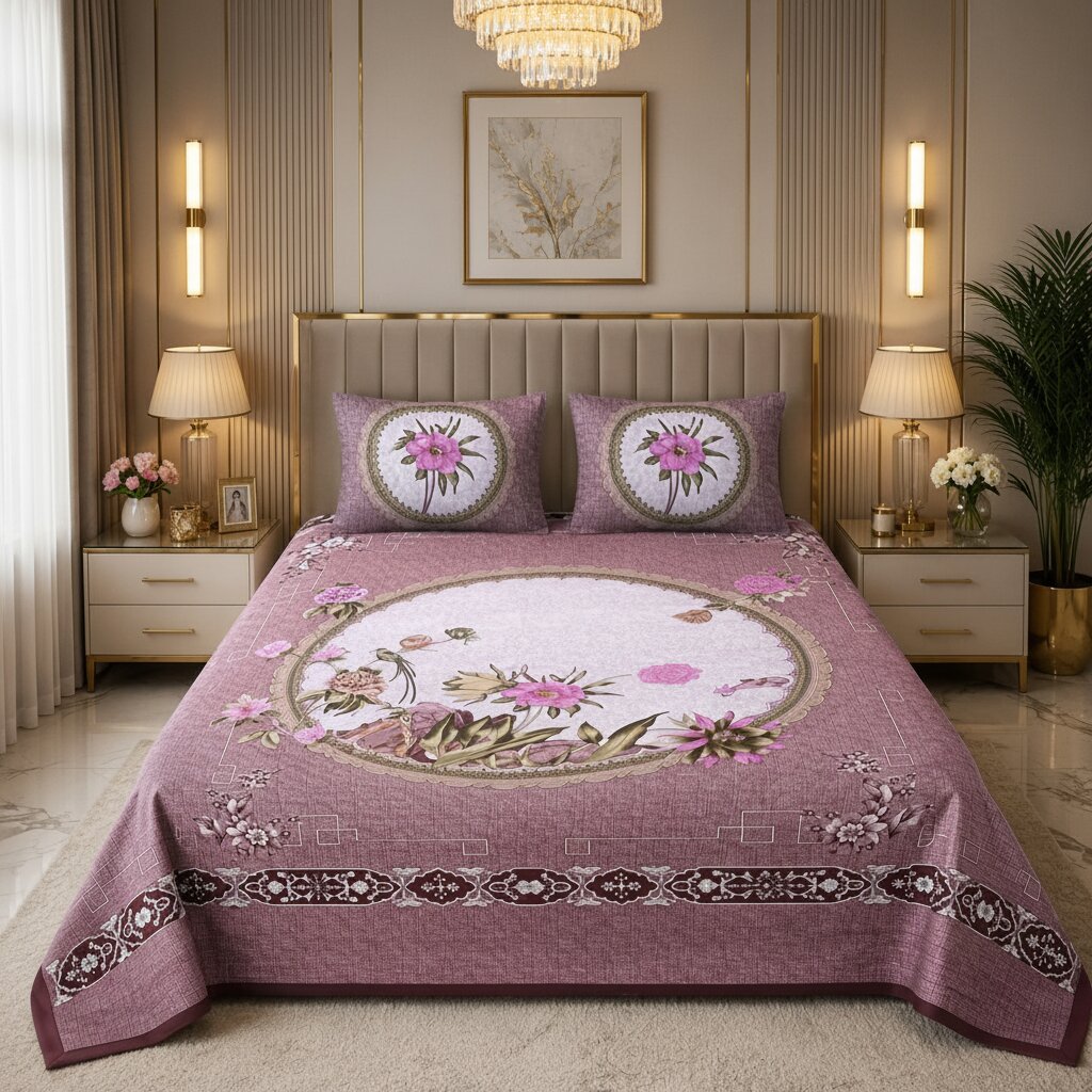 Pink Floral Medallion Double Bedsheet | 100% Cotton | 274x228 cm | 2 Pillow Covers