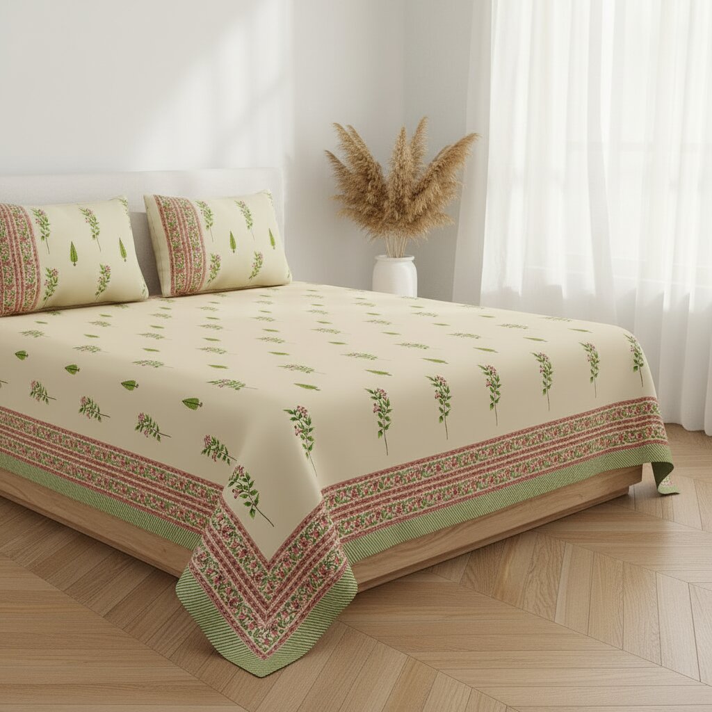 Warm Beige Base Pink & Green Botanical Hand Block Print King Size Bedsheet | 400 TC 100% Pure Cotton