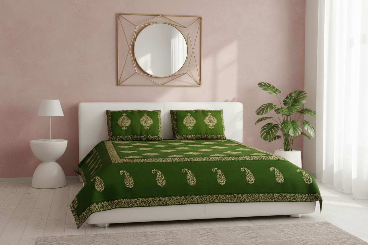 Mahendi Green Khadi Silk Hand Block Print Double Bedsheet | 240 TC | 5 Piece Set