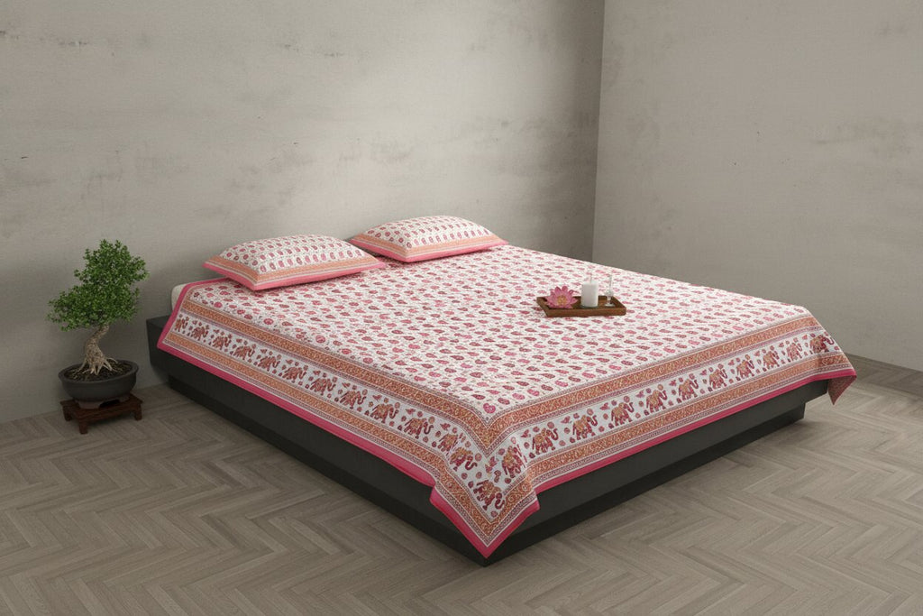 MVB Double Bedsheet – Paisley Watermelon Pink with Gold Print | 100% Pure Cotton