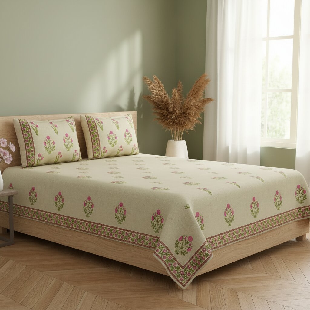 Sand Base Bright Pink Floral Hand Block Print King Size Bedsheet | 400 TC 100% Pure Cotton | Set of 3