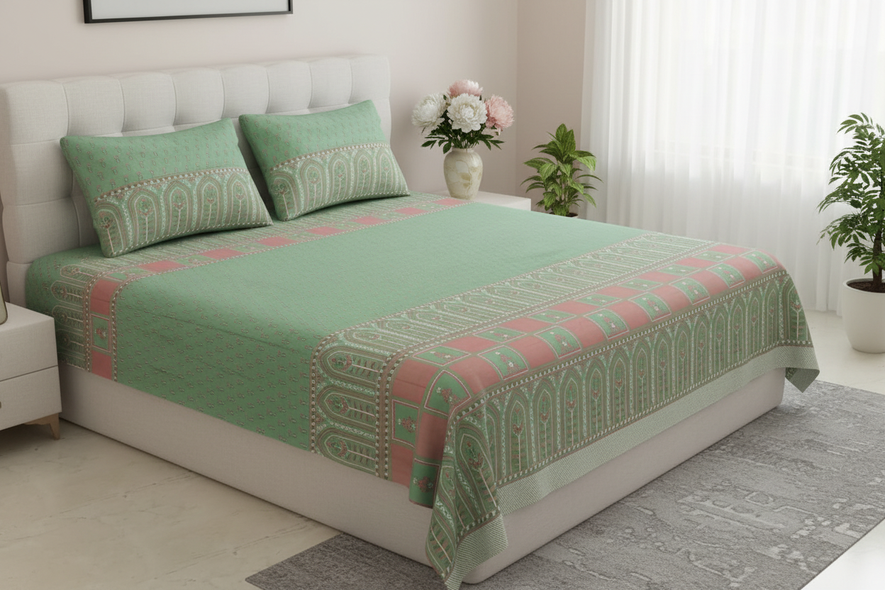 Mint Green Mughal Bedsheet Botanical Bedroom