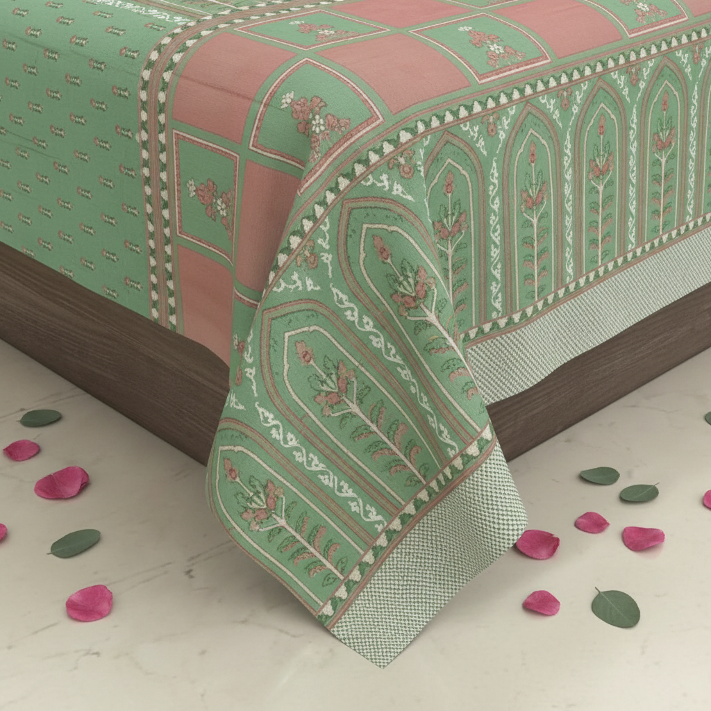 Mint Green Mughal Bedsheet Close Up Print