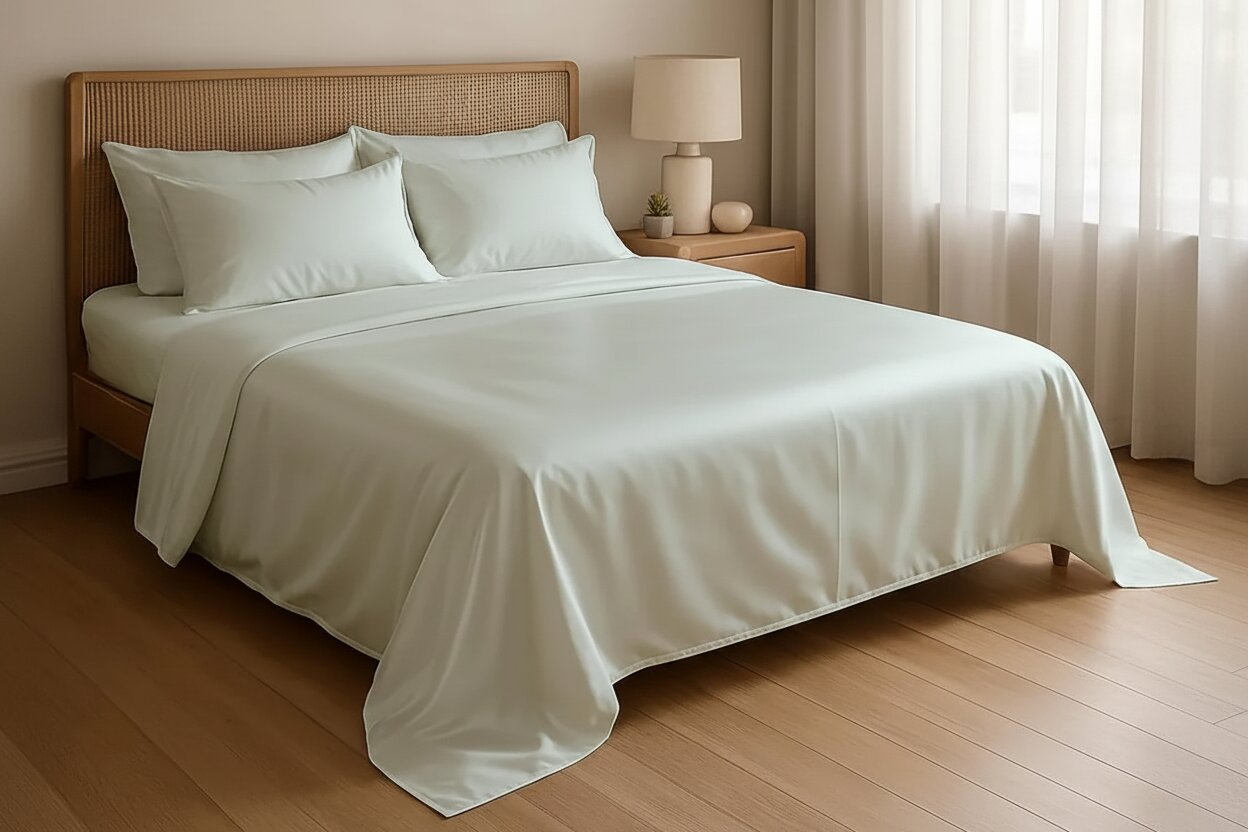 MVB UltraSatin Silk Flat Double Bedsheet | Beige Mint | 1 Flat Sheet + 2 Pillow Covers