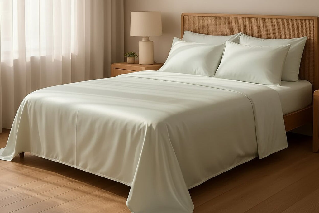 MVB UltraSatin Silk Flat Double Bedsheet | Beige Mint | 1 Flat Sheet + 2 Pillow Covers