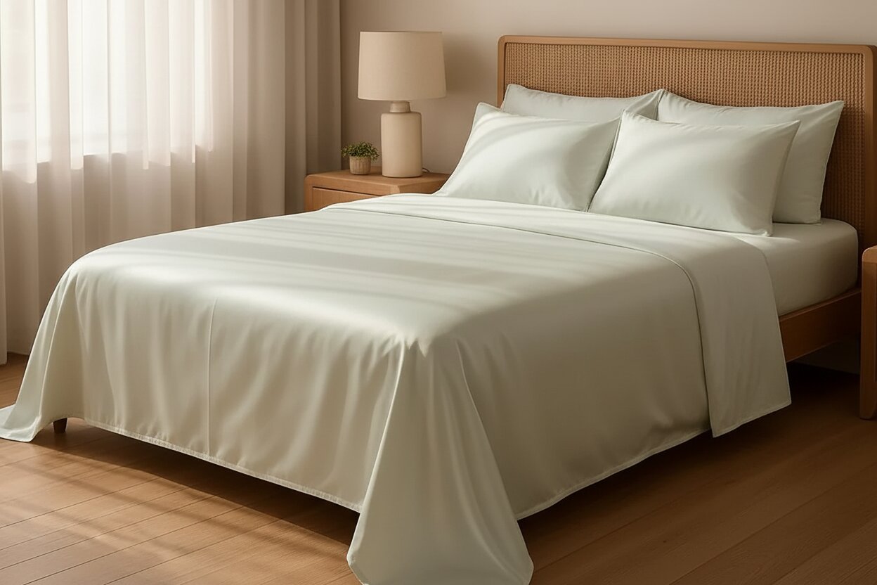 MVB UltraSatin Silk Flat Double Bedsheet | Beige Mint | 1 Flat Sheet + 2 Pillow Covers