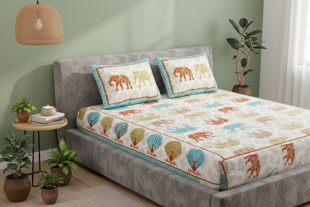 MVB Jungle Safari Blue Double Bed Sheet Set | 100% Pure Cotton | 210 TC | 3 Pcs