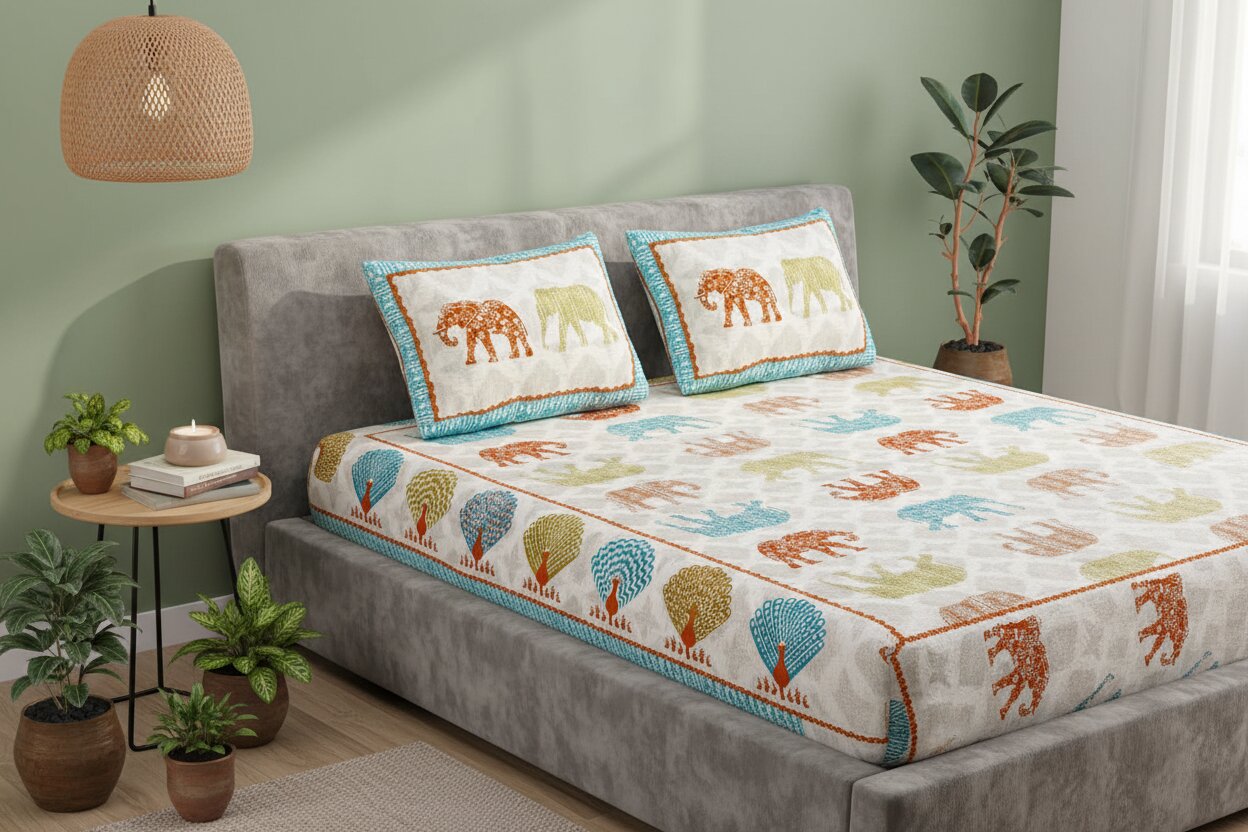MVB Jungle Safari Blue Double Bed Sheet Set | 100% Pure Cotton | 210 TC | 3 Pcs