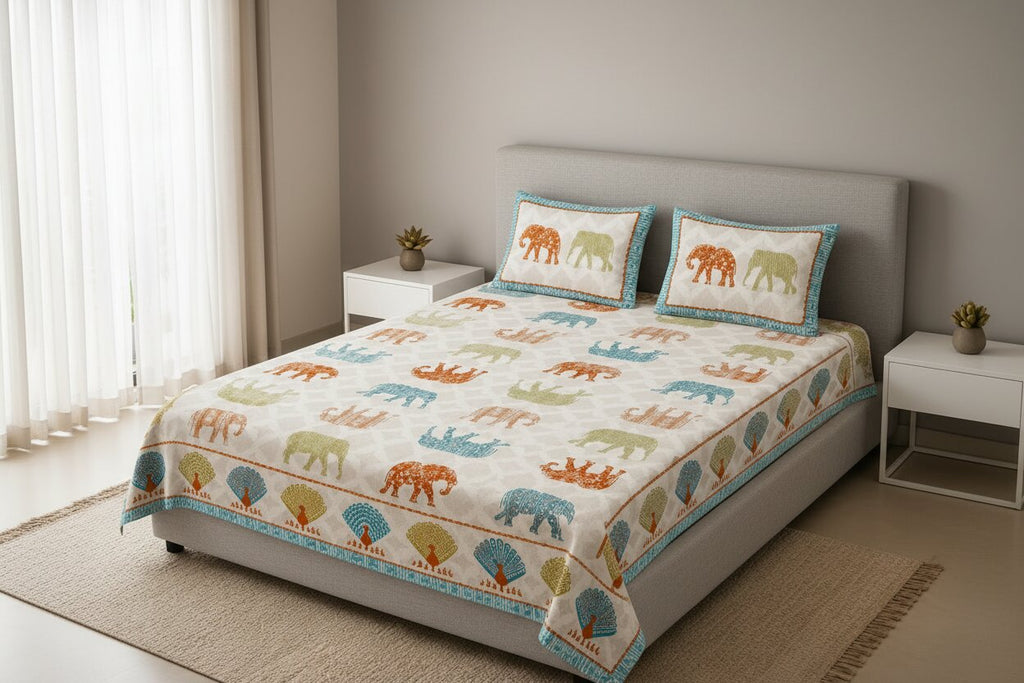 MVB Jungle Safari Blue Double Bed Sheet Set | 100% Pure Cotton | 210 TC | 3 Pcs