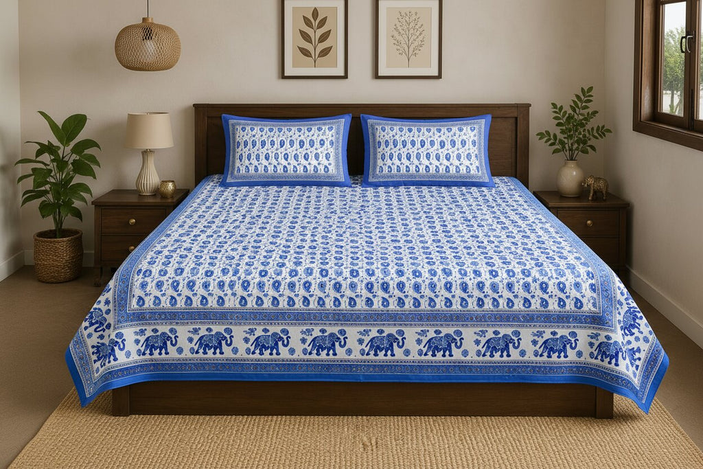 Double Bedsheet Paisley Sky Blue with Gold Print | 100% Pure Cotton | 180 TC | Set of 3 | MVB YUGVIGYANA