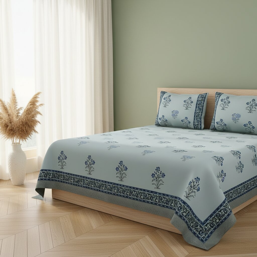 Powder Blue Indigo Floral Hand Block Print King Size Bedsheet | 400 TC 100% Pure Cotton