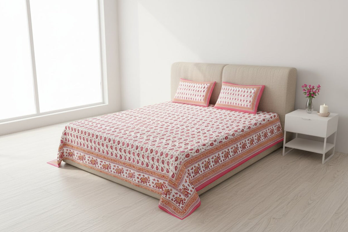 MVB Double Bedsheet – Paisley Watermelon Pink with Gold Print | 100% Pure Cotton
