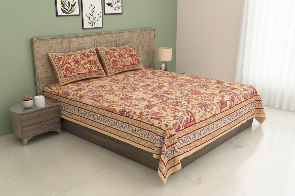 Beige Royal Paisley Vine Pure Cotton King Size Bedsheet | MVB Yugvigyana