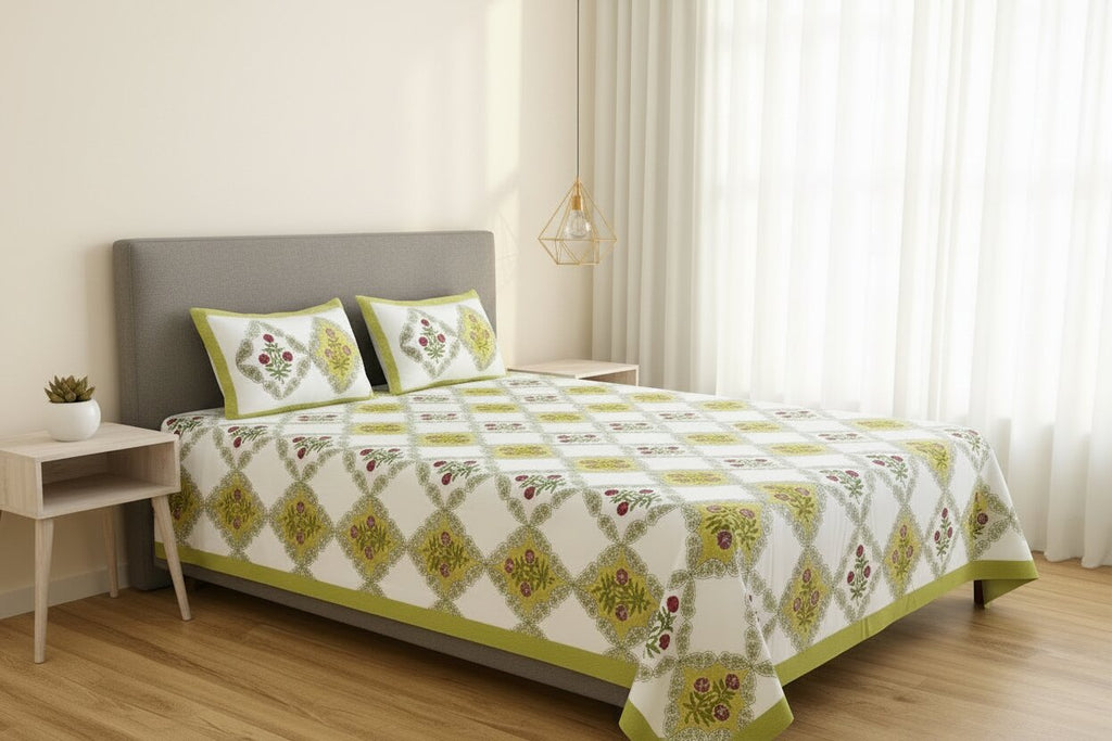 MVB Premium Floral Diamond Print 400 TC Pure Cotton King Size Bedsheet