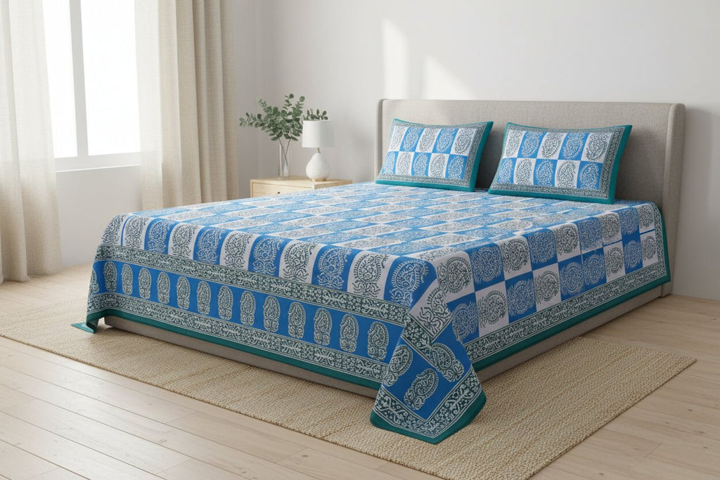Double Bedsheet Sky Blue Checkered Design | 100% Fine Cotton | 240 TC | Set of 3 | MVB YUGVIGYANA