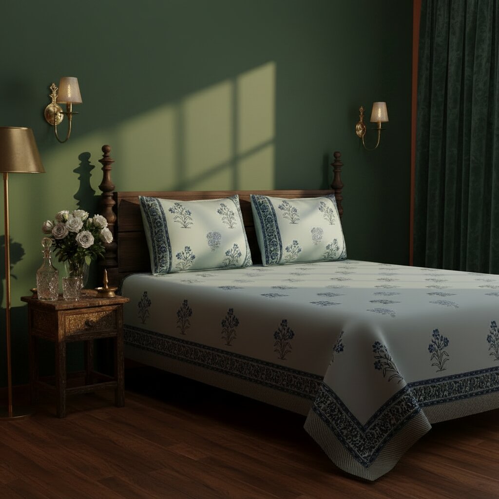 Powder Blue Indigo Floral Hand Block Print King Size Bedsheet | 400 TC 100% Pure Cotton