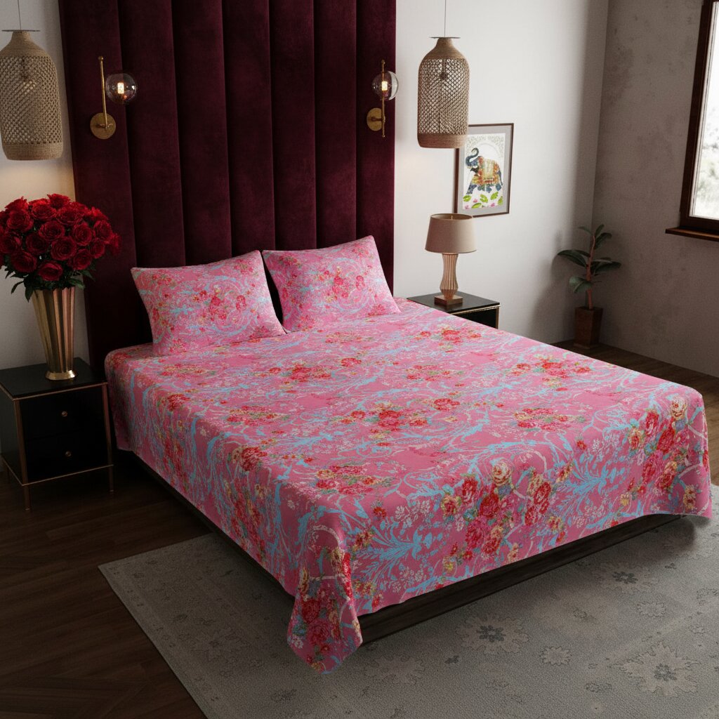 Rose Garden Bliss Double Bedsheet | 160 TC Poly Cotton | 2 Pillow Covers
