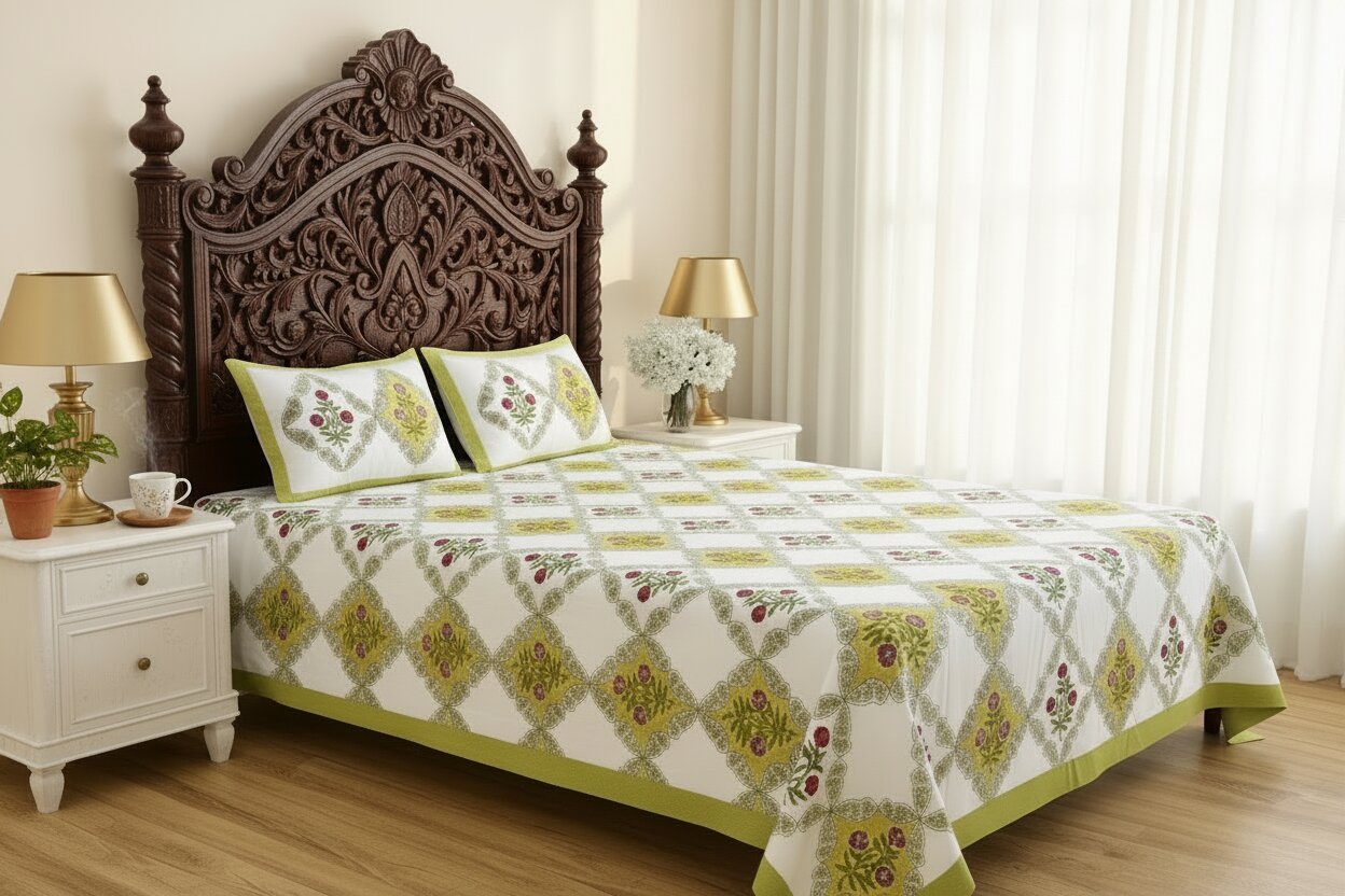 MVB Premium Floral Diamond Print 400 TC Pure Cotton King Size Bedsheet