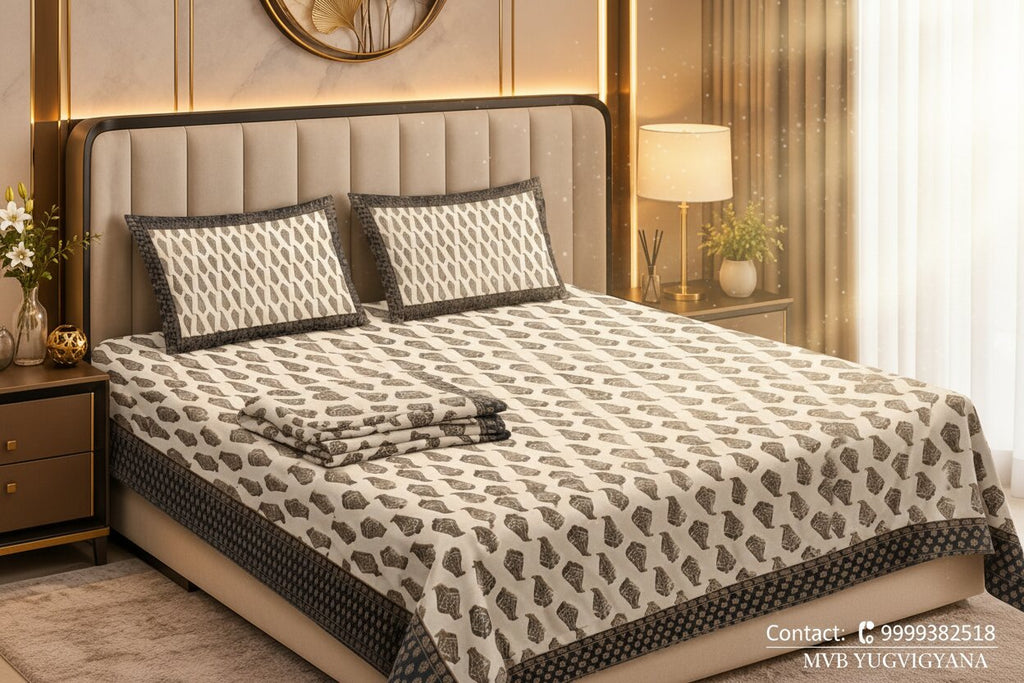 Black Gold Leafy Delights – Mercerised Cotton Double Bedsheet Set