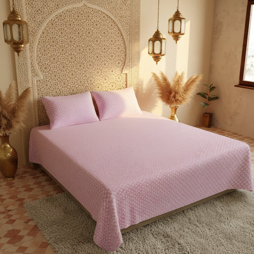Rose Structured Web Double Bedsheet | Premium Pink Geometric Cotton Bedsheet with 2 Pillow Covers